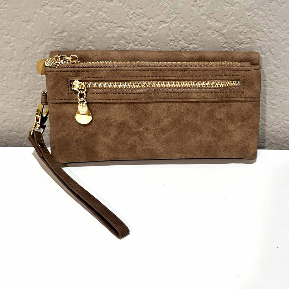 Womens Brown Faux Leather Wristlet Wallet Clutch Zip Multi-Card Organizer bifold